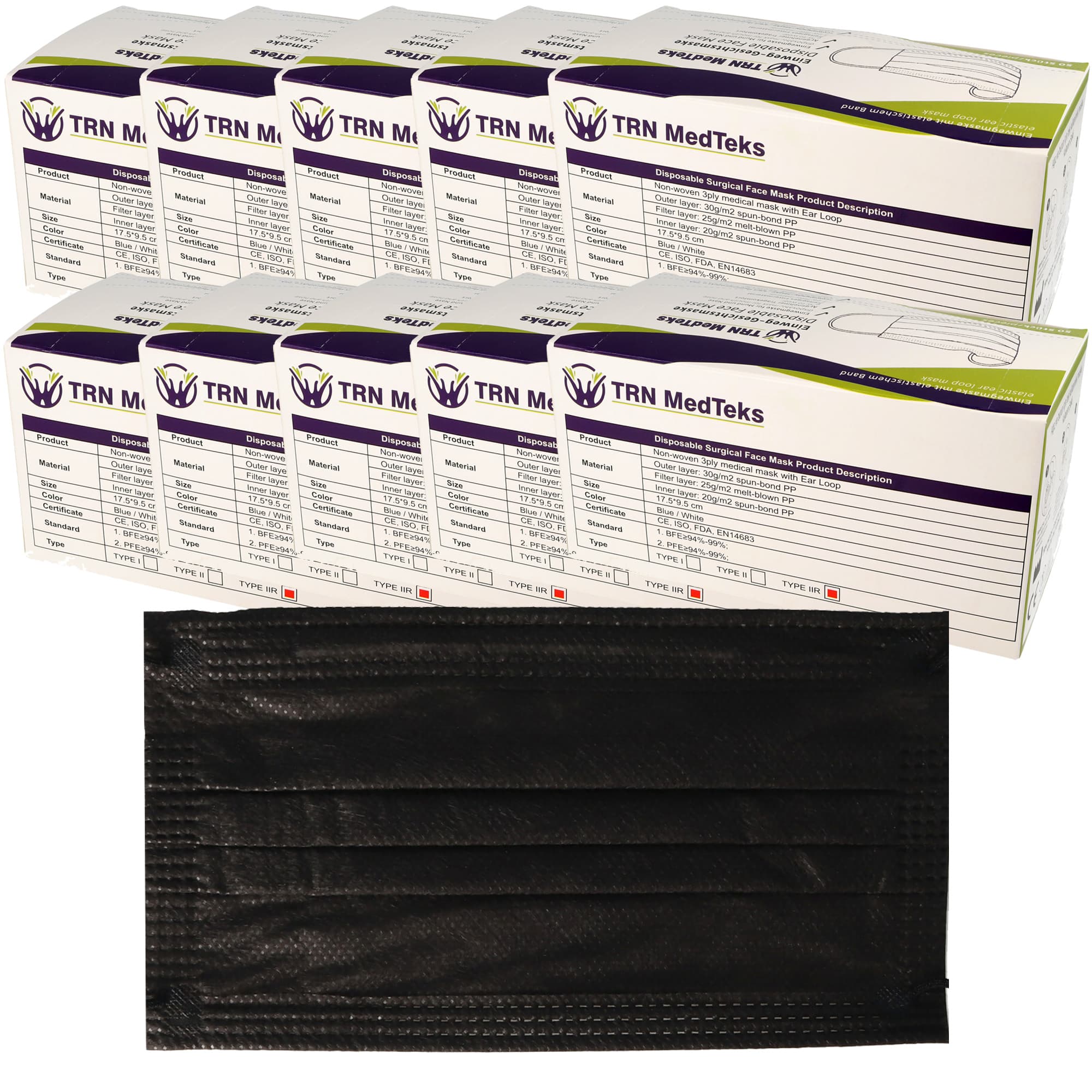 Masque chirurgical médical 500 pièces type IIR 3 plis noir, certifié selon DIN EN 14683: 2019 + AC: 2019 (E), masque chirurgical