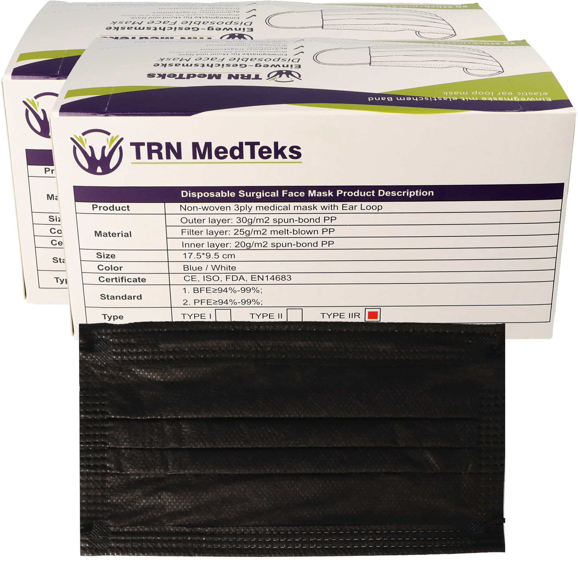 Masque chirurgical médical 100 pièces type IIR 3 plis noir, certifié selon DIN EN 14683: 2019 + AC: 2019 (E), masque chirurgical